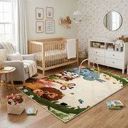 Woodland Animal Family Area Rug, Green Storybook Carpet, Kids Room Decor – living room view