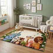 Woodland Animal Family Area Rug, Green Storybook Carpet, Kids Room Decor – design close-up