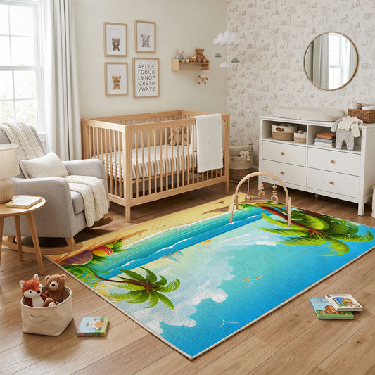 Tropical Beach Waterfall Area Rug, Blue Green Nature Carpet, Coastal Decor – featured room view