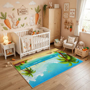 Tropical Beach Waterfall Area Rug, Blue Green Nature Carpet, Coastal Decor – angled room view