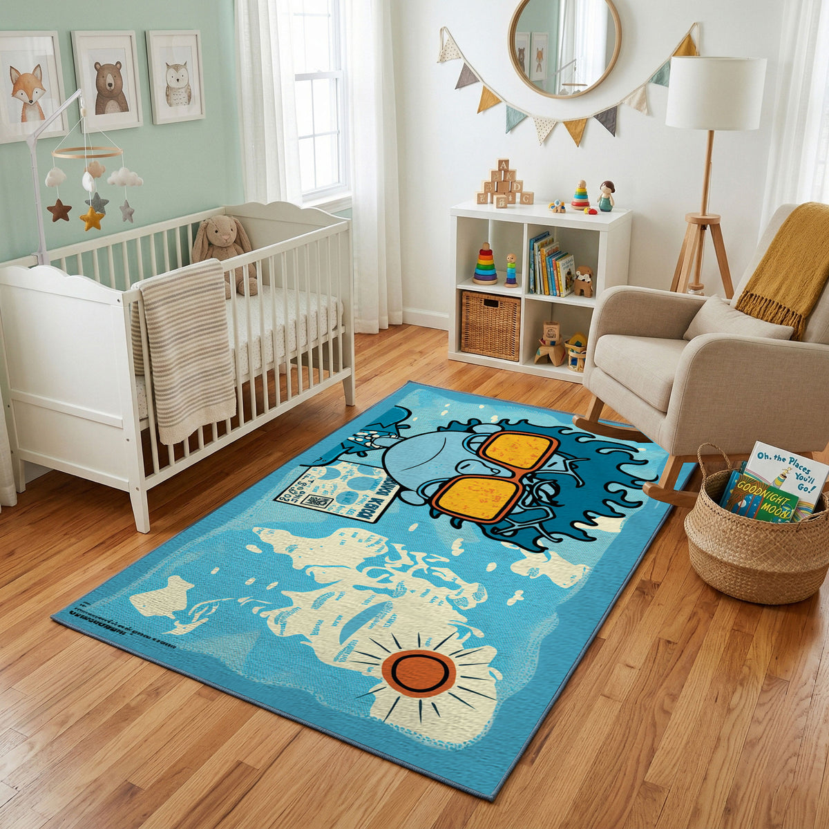 Playful Orange Tiger Area Rug, Blue Jungle Animal Carpet, Kids Room Decor – featured room view