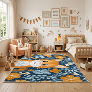 Floral Tiger Portrait Area Rug, Blue Orange Animal Carpet, Artistic Decor – full rug view