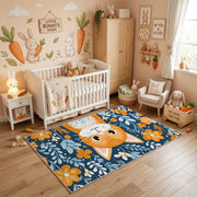 Floral Tiger Portrait Area Rug, Blue Orange Animal Carpet, Artistic Decor – angled room view