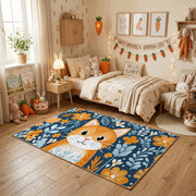 Floral Tiger Portrait Area Rug, Blue Orange Animal Carpet, Artistic Decor – pattern detail