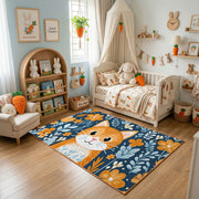 Floral Tiger Portrait Area Rug, Blue Orange Animal Carpet, Artistic Decor – texture view