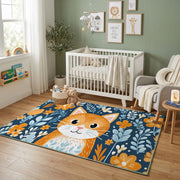 Floral Tiger Portrait Area Rug, Blue Orange Animal Carpet, Artistic Decor – design close-up
