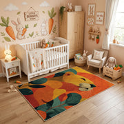 Colorful geometric sleepy woodland animal rug styled in a bright nursery