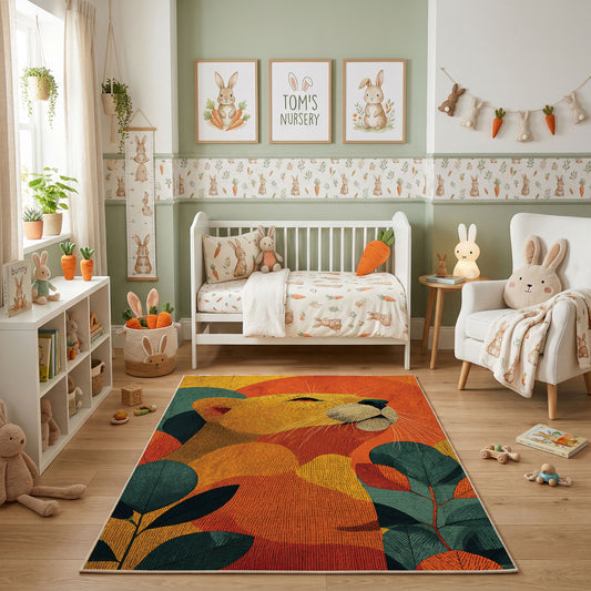 Colorful geometric sleepy woodland animal rug shown beside a child’s bed