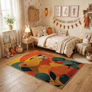 Colorful geometric sleepy woodland animal rug centered in a cozy playroom