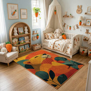 Colorful geometric sleepy woodland animal rug displayed in a warm kids bedroom