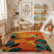 Colorful geometric sleepy woodland animal rug angled view with wooden furniture