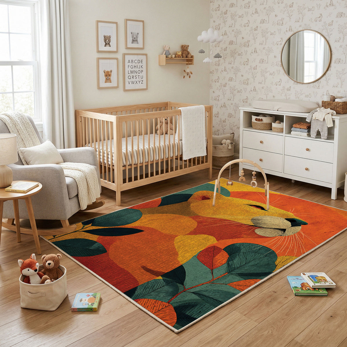 Colorful geometric sleepy woodland animal rug shown near a reading corner