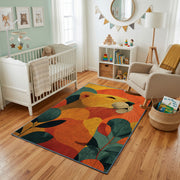 Colorful geometric sleepy woodland animal rug styled with soft nursery decor