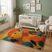 Colorful geometric sleepy woodland animal rug displayed in a colorful play space
