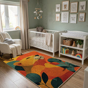 Colorful geometric sleepy woodland animal rug wide room view in a modern nursery