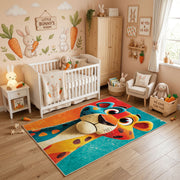 Colorful geometric giraffe rug styled in a bright nursery