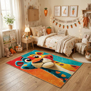 Colorful geometric giraffe rug centered in a cozy playroom