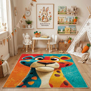 Colorful geometric giraffe rug angled view with wooden furniture