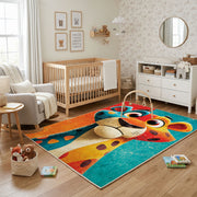 Colorful geometric giraffe rug shown near a reading corner