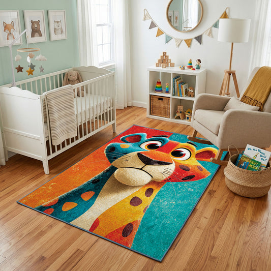 Colorful geometric giraffe rug styled with soft nursery decor