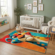 Colorful geometric giraffe rug displayed in a colorful play space