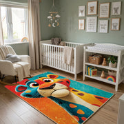 Colorful geometric giraffe rug wide room view in a modern nursery
