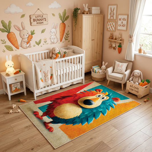 Colorful geometric lion rug styled in a bright nursery