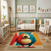 Colorful geometric lion rug shown beside a child’s bed