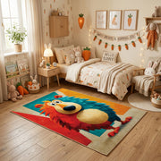 Colorful geometric lion rug centered in a cozy playroom