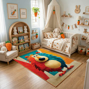 Colorful geometric lion rug displayed in a warm kids bedroom