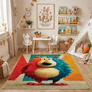 Colorful geometric lion rug angled view with wooden furniture