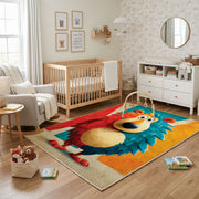 Colorful geometric lion rug shown near a reading corner