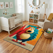 Colorful geometric lion rug styled with soft nursery decor
