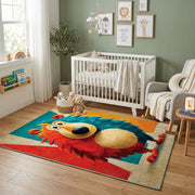 Colorful geometric lion rug displayed in a colorful play space