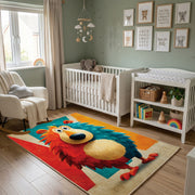Colorful geometric lion rug wide room view in a modern nursery