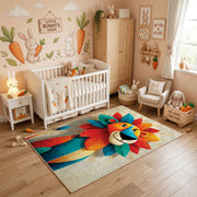 Colorful geometric lion rug styled in a bright nursery