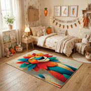Colorful geometric lion rug centered in a cozy playroom