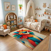 Colorful geometric lion rug displayed in a warm kids bedroom