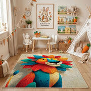 Colorful geometric lion rug angled view with wooden furniture