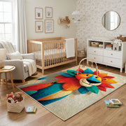 Colorful geometric lion rug shown near a reading corner