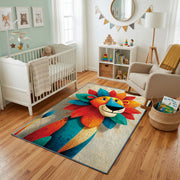 Colorful geometric lion rug styled with soft nursery decor