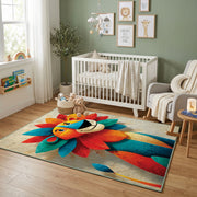 Colorful geometric lion rug displayed in a colorful play space