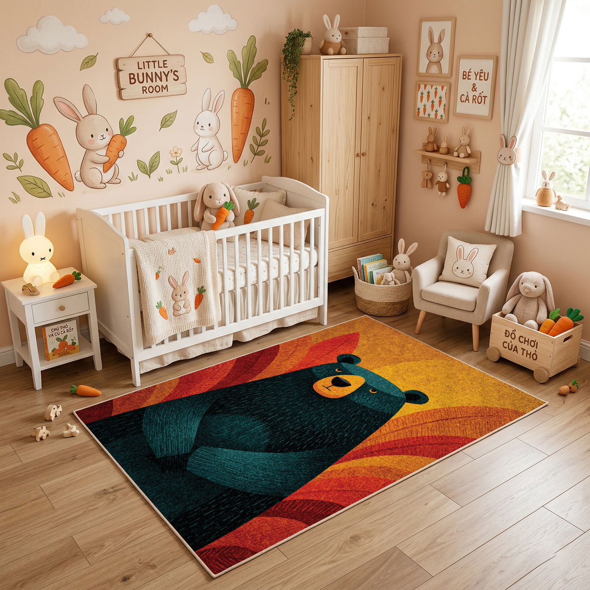 Colorful geometric black bear rug styled in a bright nursery