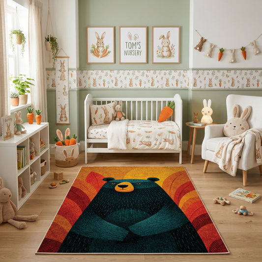 Colorful geometric black bear rug shown beside a child’s bed