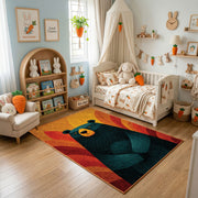 Colorful geometric black bear rug displayed in a warm kids bedroom