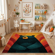 Colorful geometric black bear rug angled view with wooden furniture