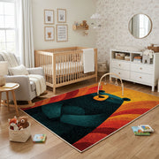 Colorful geometric black bear rug shown near a reading corner