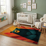 Colorful geometric black bear rug displayed in a colorful play space