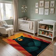 Colorful geometric black bear rug wide room view in a modern nursery