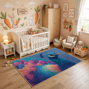 Colorful geometric owl rug styled in a bright nursery